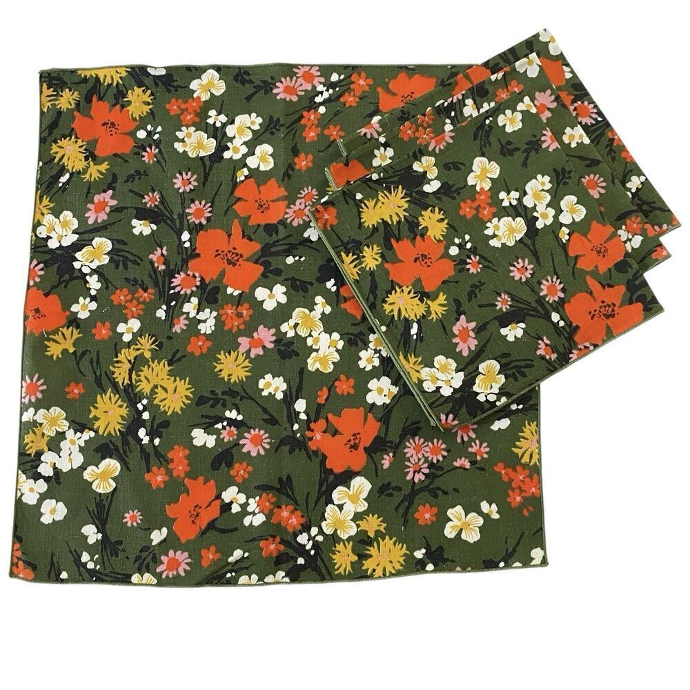 Lot of 4 Linen Napkins Green Floral  Cloth 16.5" x 16.5" Dining Luncheon